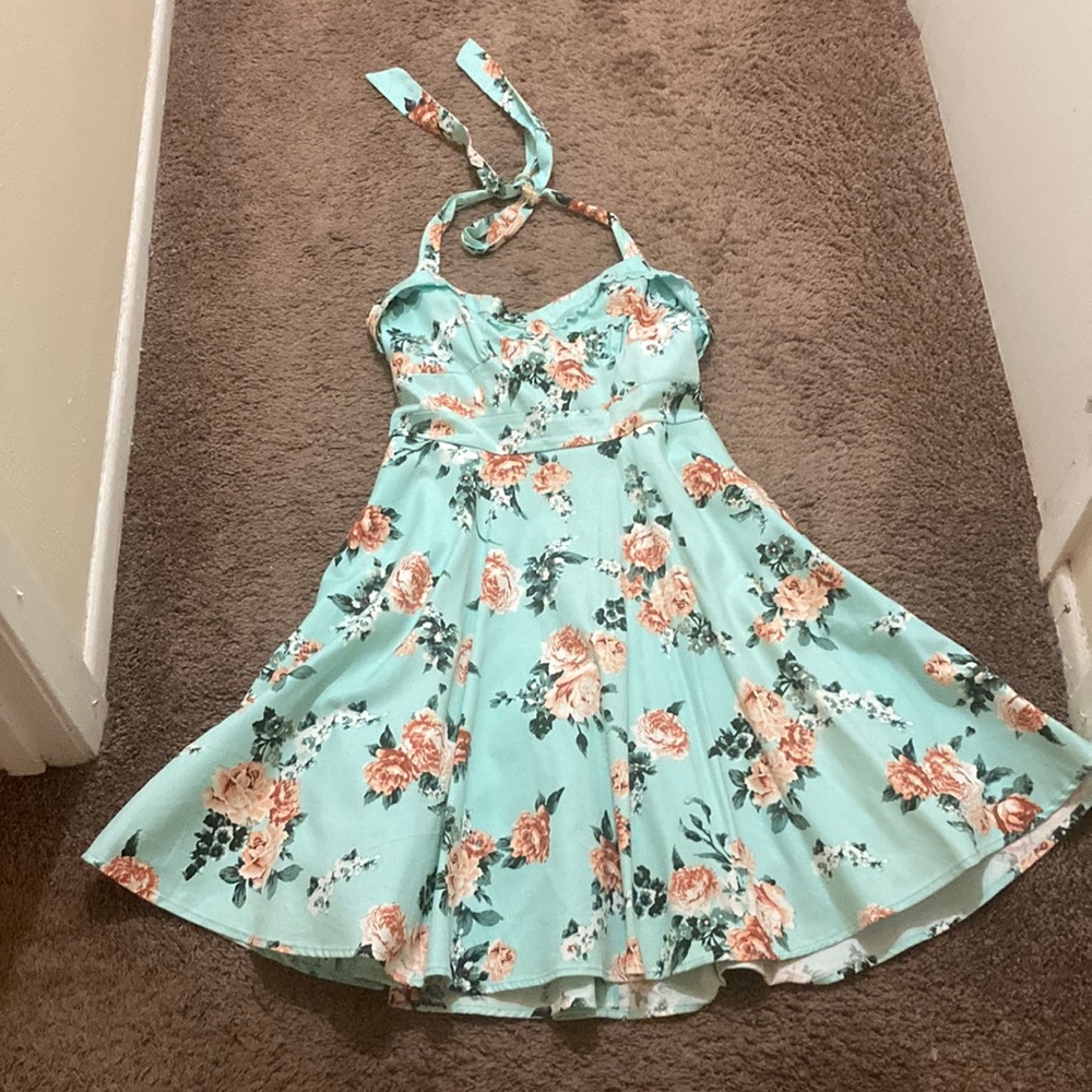 Blue Floral Pin-Up Sweetheart Halter Dress